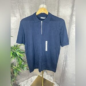 NWT Zara Men’s Navy Blue Knit Polo Shirt With Zip Collar Sz Medium